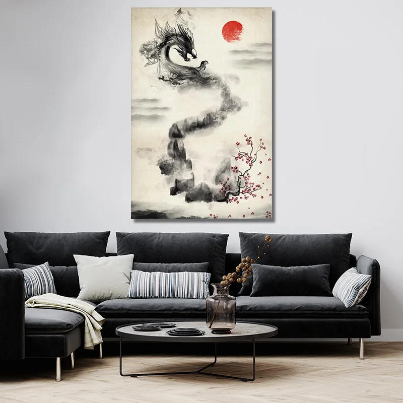Stylish,Interior,Of,Bright,Living,Room,With,Black,Sofa,And Tableau Dragon Japonais