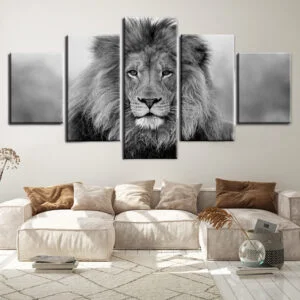 Tableau Lion Noir et Blanc 5 Pieces