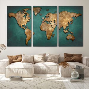 Tableau Carte Du Monde Rétro en 3 Parties